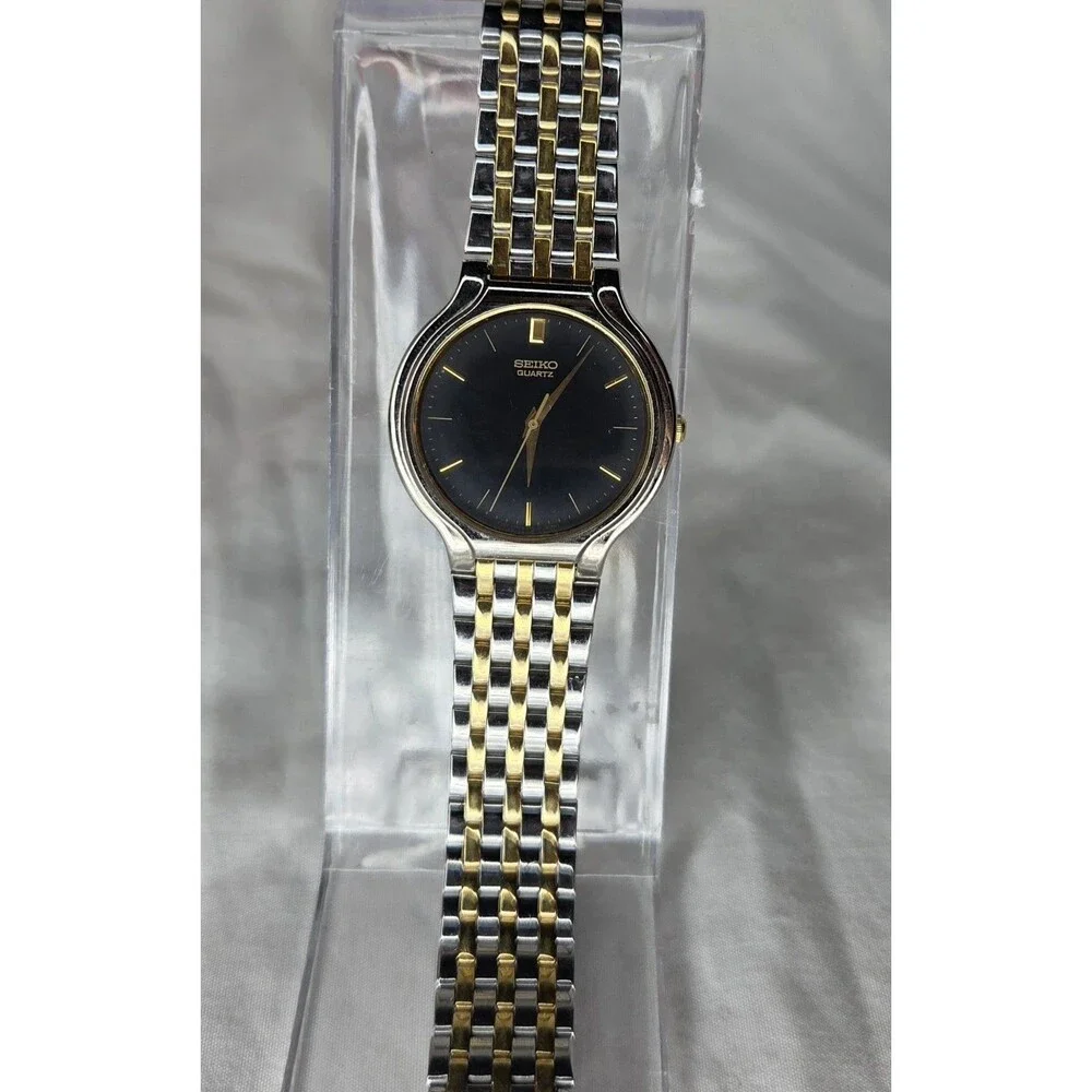 Seiko Watch Men 34mm Black Dial Two Tone Round V701-1K29 Vintage New Battery